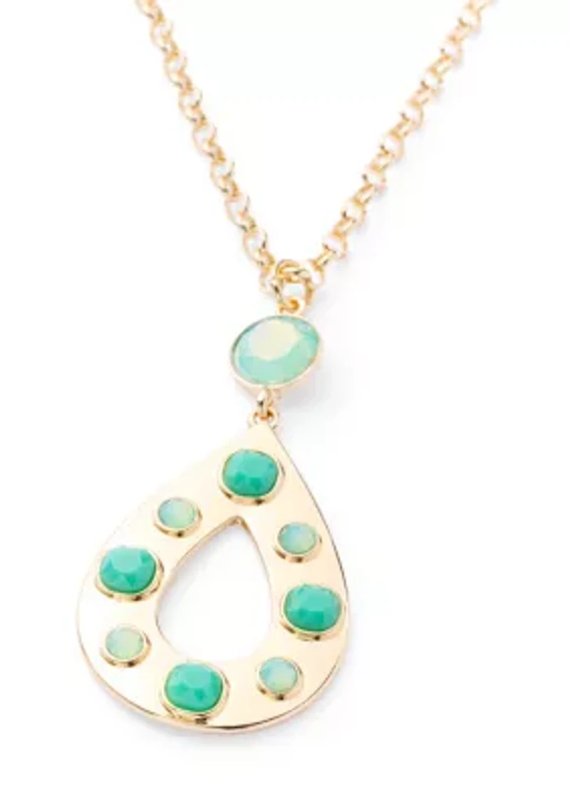 Long Stone Inlay Oval Pendant Necklace