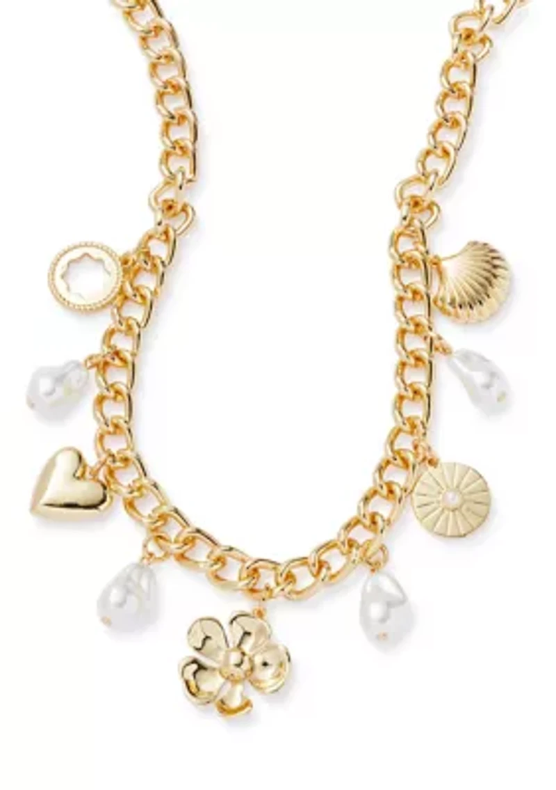 Flower Heart Pearl Charm Frontal Necklace