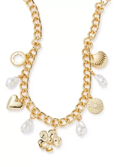 Flower Heart Pearl Charm Frontal Necklace