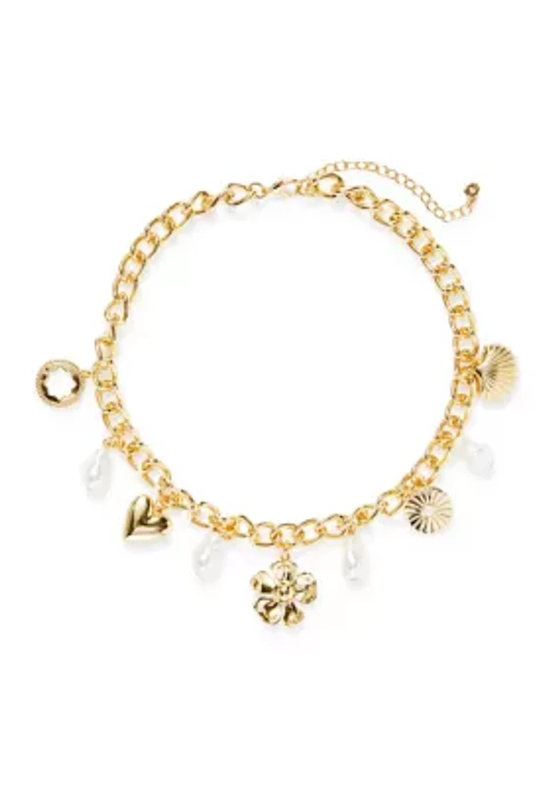 Flower Heart Pearl Charm Frontal Necklace