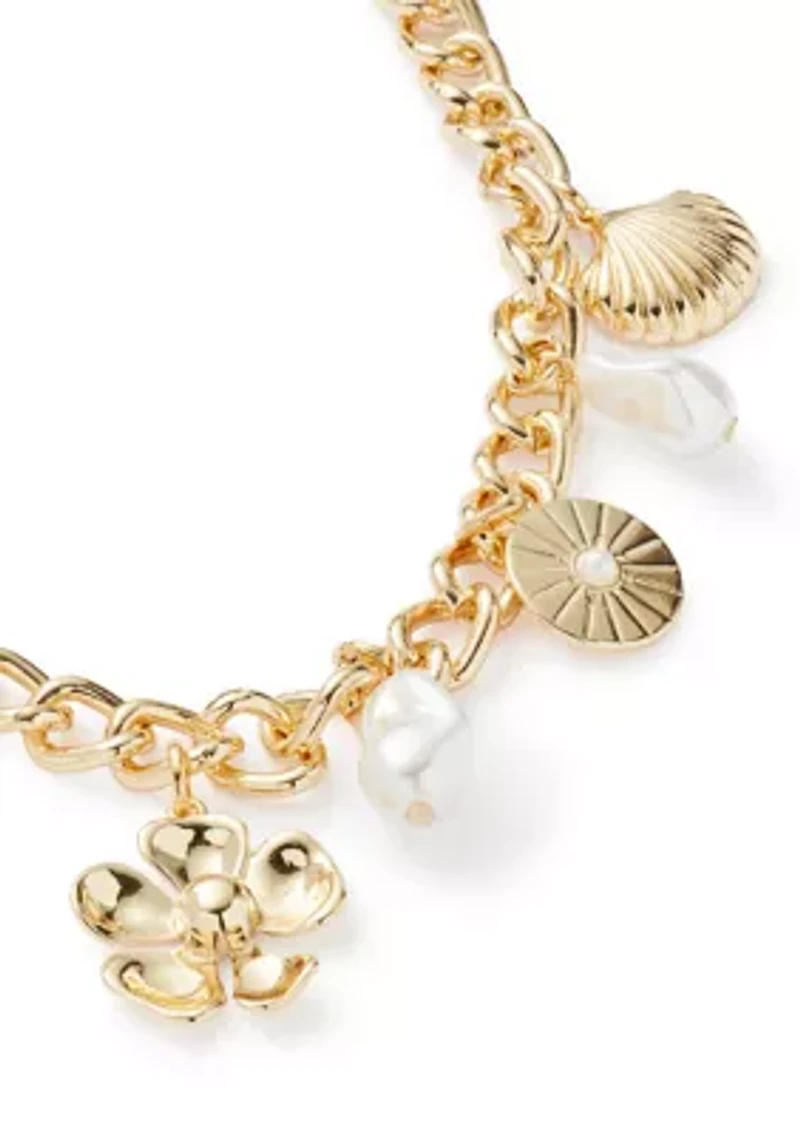 Flower Heart Pearl Charm Frontal Necklace