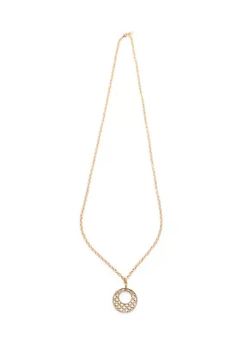 Lattice Charm Long Gold Tone Pendant Necklace