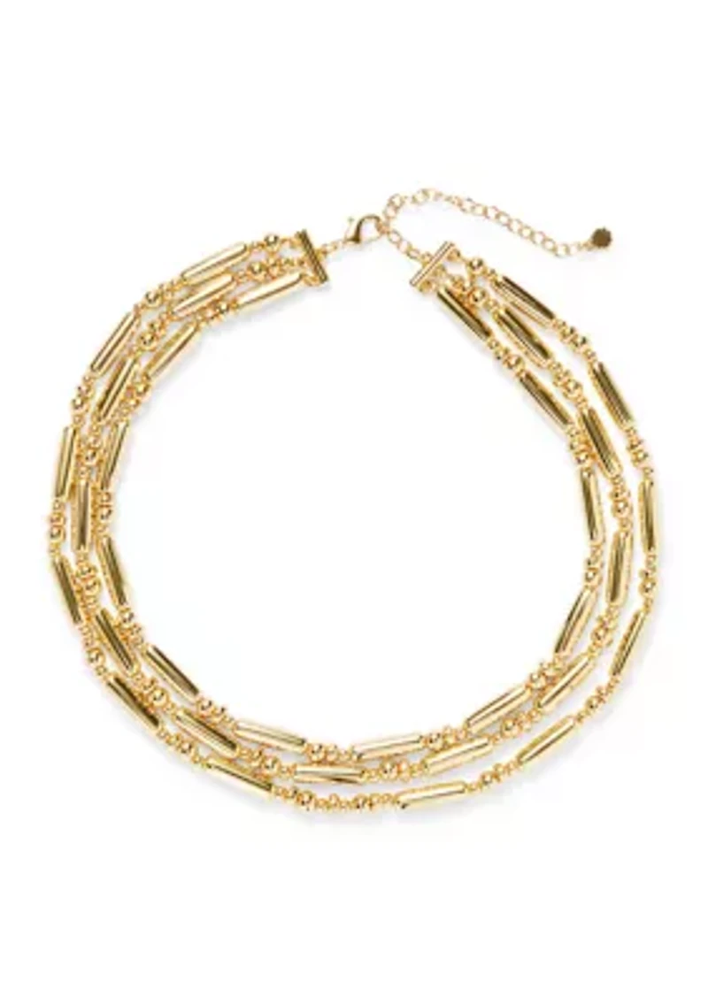 Puffed Long Bead Gold Tone Layed Necklace