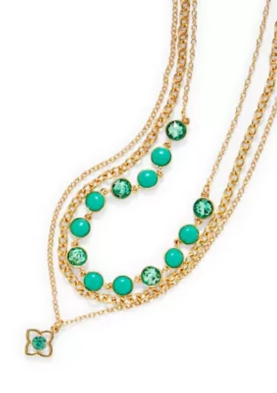 Crystal Pendant Multi Row Gold Tone Necklace