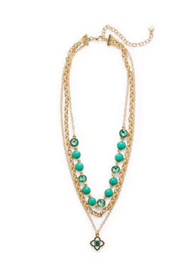 Crystal Pendant Multi Row Gold Tone Necklace