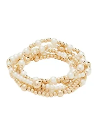 Gold Tone Set of 5 Pearl Stretch Bracelets 