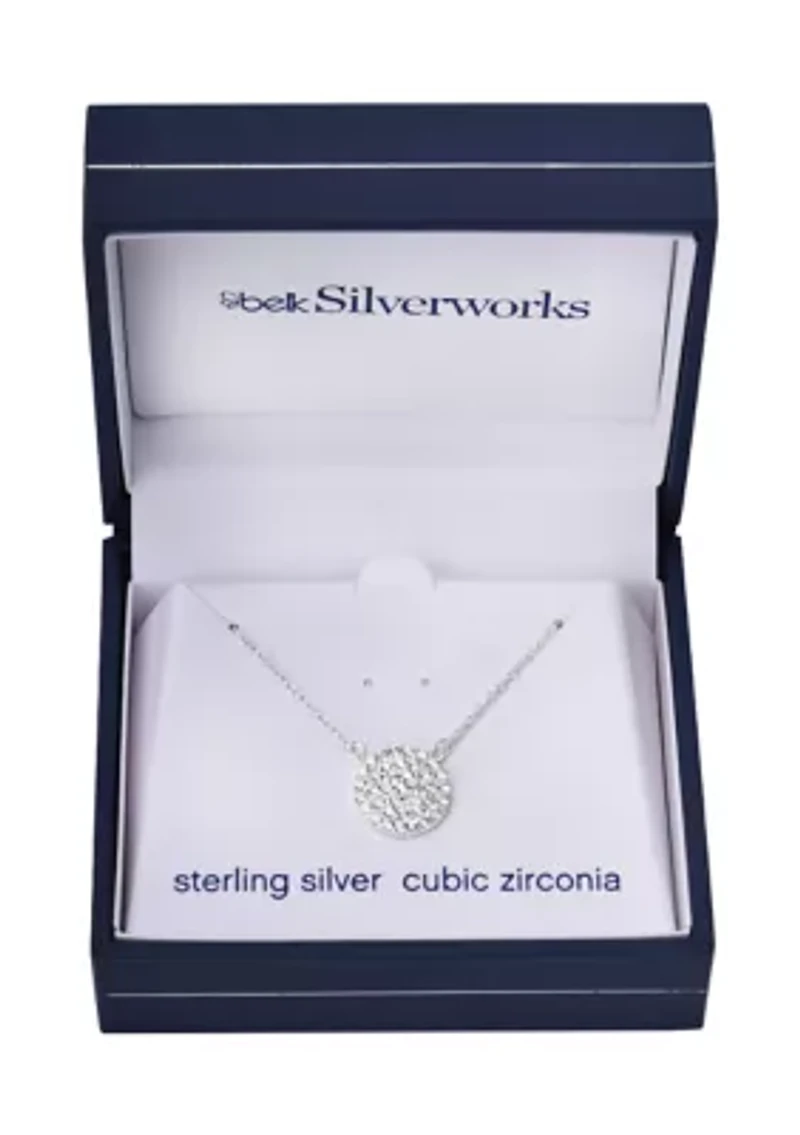 Silverworks Sterling Silver Disc Pendant Necklace with Cubic Zirconia Stones