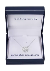 Silverworks Sterling Silver Disc Pendant Necklace with Cubic Zirconia Stones