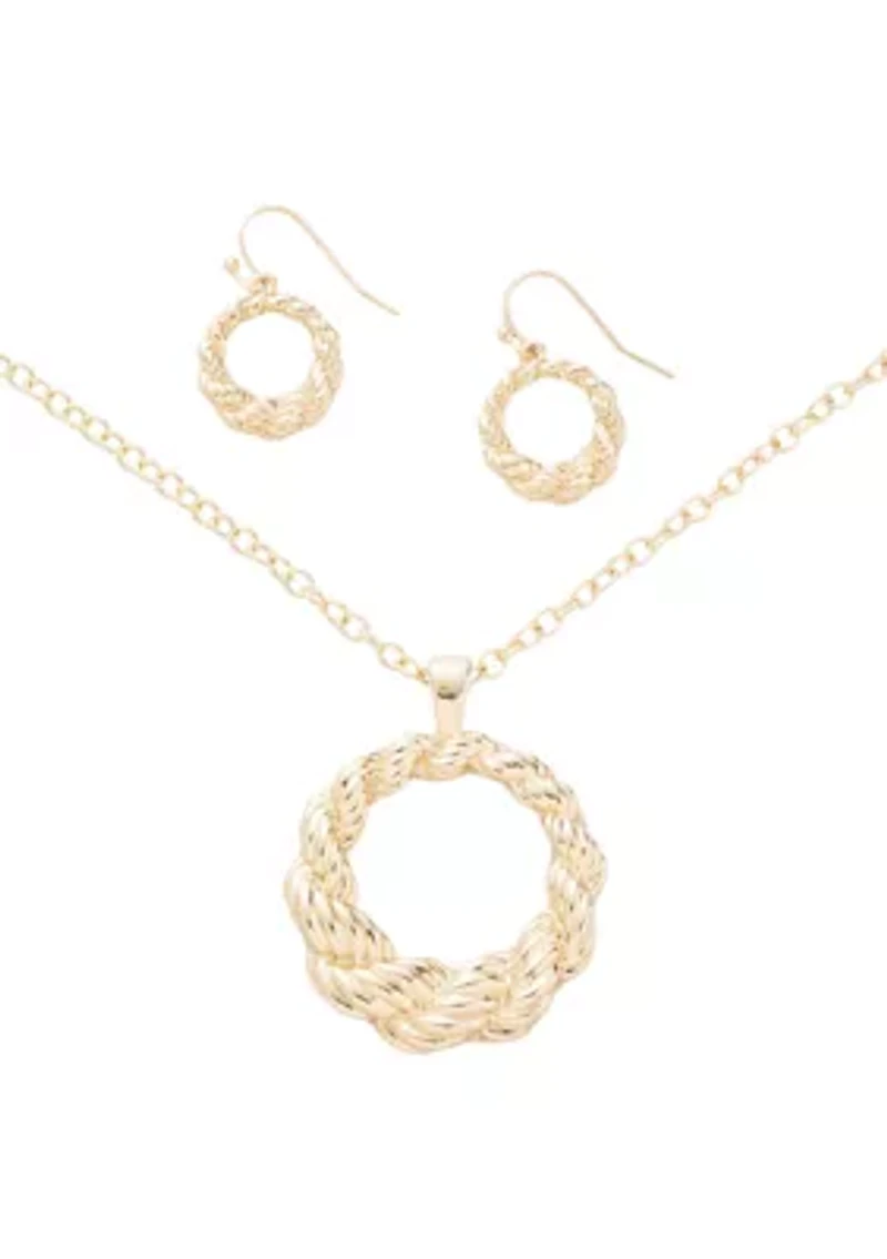 Gold Tone Round Textured Pendant Necklace and Earrings Set