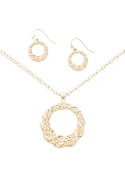 Gold Tone Round Textured Pendant Necklace and Earrings Set