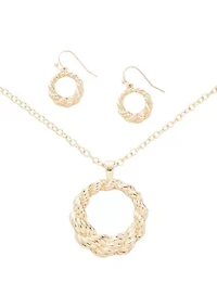 Gold Tone Round Textured Pendant Necklace and Earrings Set
