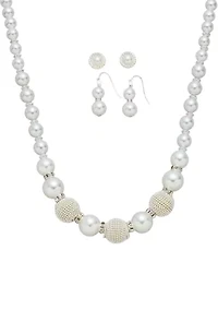 Silver Tone White Pearl 2 Earrings Textured Beaded Necklace Set 