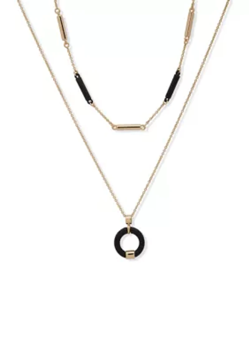 Gold Tone 16'' Black Circle Drop Multirow Necklace