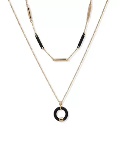 Gold Tone 16'' Black Circle Drop Multirow Necklace