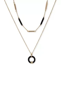 Gold Tone 16'' Black Circle Drop Multirow Necklace