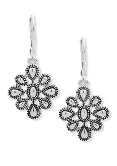 Silver Tone Metal Flower Drop Earrings