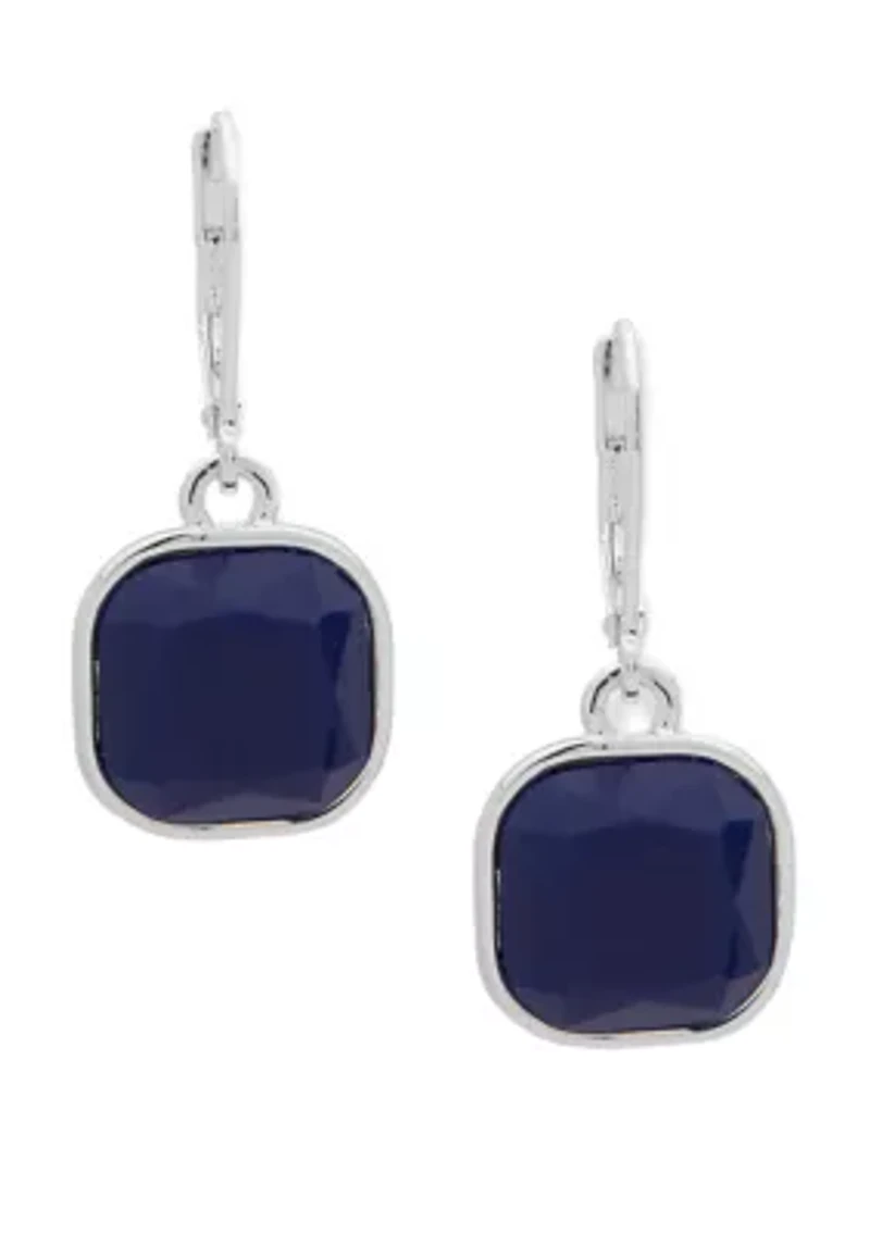 Silver-Tone Blue Square Drop Lever Back Earrings
