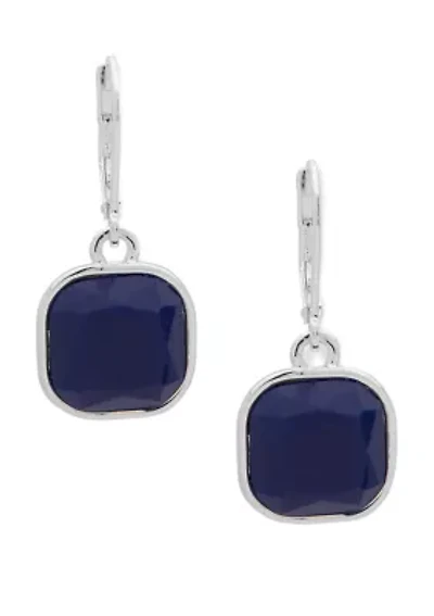 Silver-Tone Blue Square Drop Lever Back Earrings