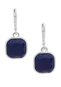Silver-Tone Blue Square Drop Lever Back Earrings