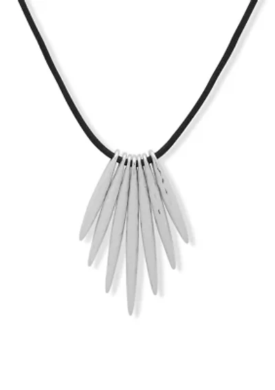 28 Inch Silver Tone Leather Stick Pendant Necklace
