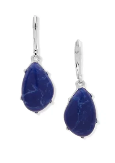 Silver Tone Blue Drop Lever Back Earrings