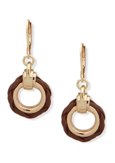 Gold Tone Brown Circle Drop Lever Back Earrings