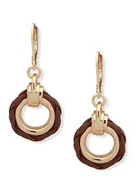 Gold Tone Brown Circle Drop Lever Back Earrings