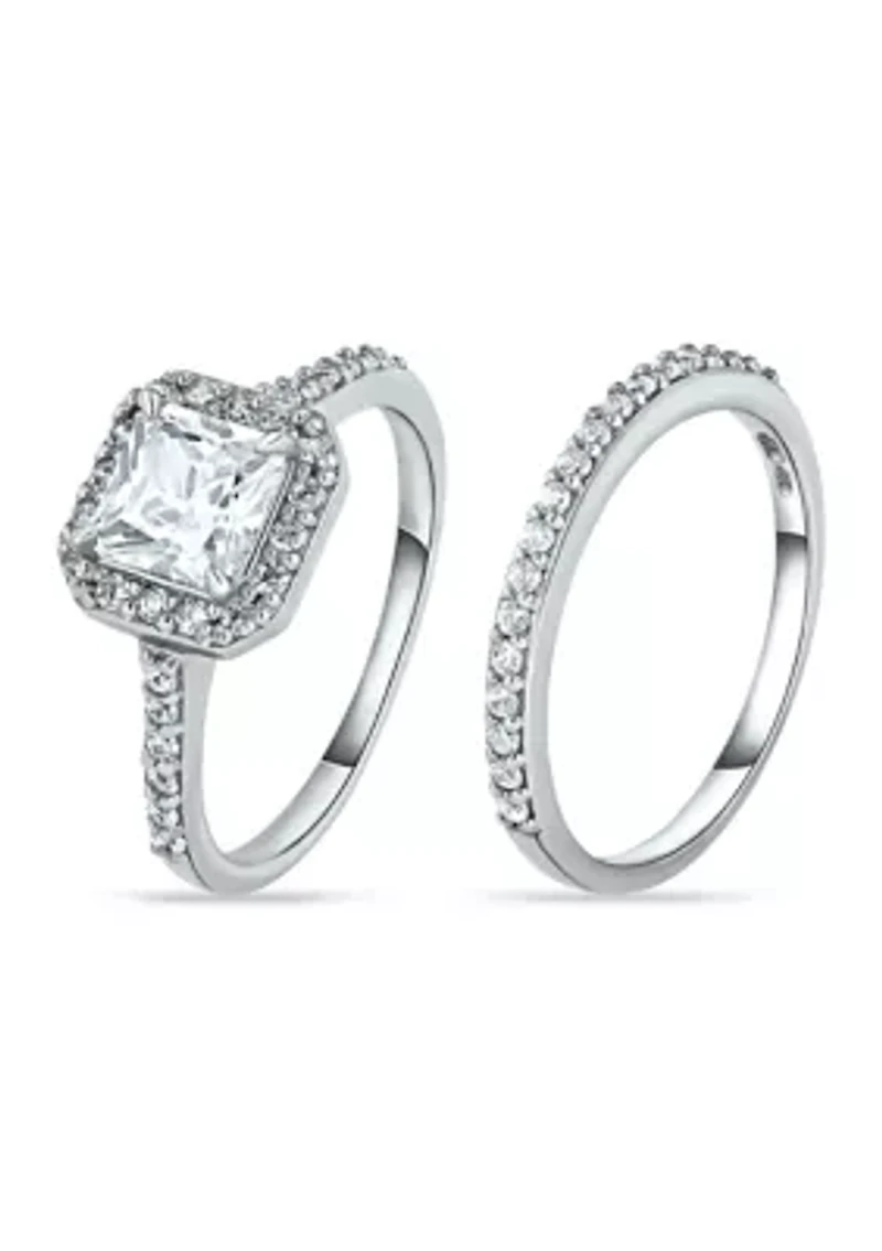 Sterling Silver Cubic Zirconia Engagement Ring with Wedding Band