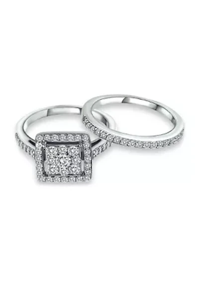 Sterling Silver Cubic Zirconia Engagement Ring with Wedding Band