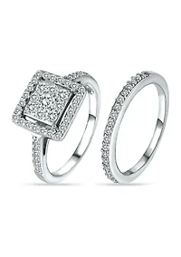 Sterling Silver Cubic Zirconia Engagement Ring with Wedding Band