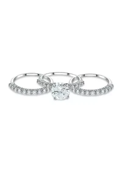 Sterling Silver Cubic Zirconia Engagement Ring with Wedding Band