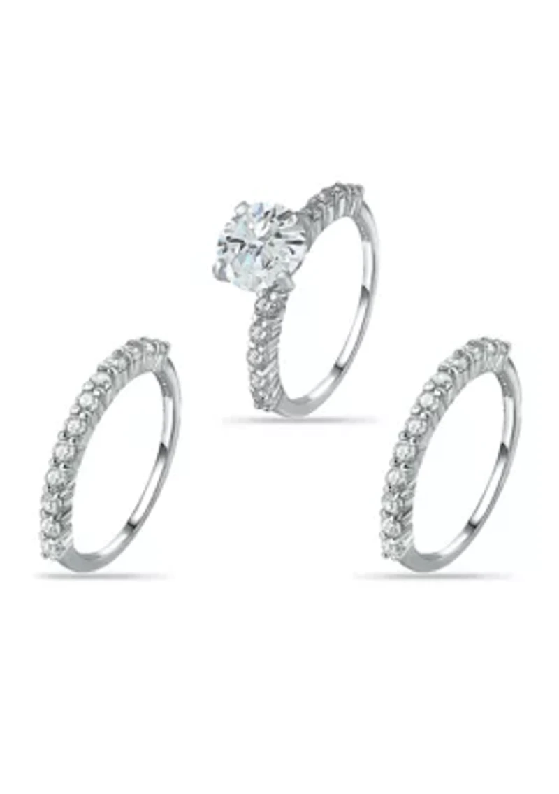 Sterling Silver Cubic Zirconia Engagement Ring with Wedding Band