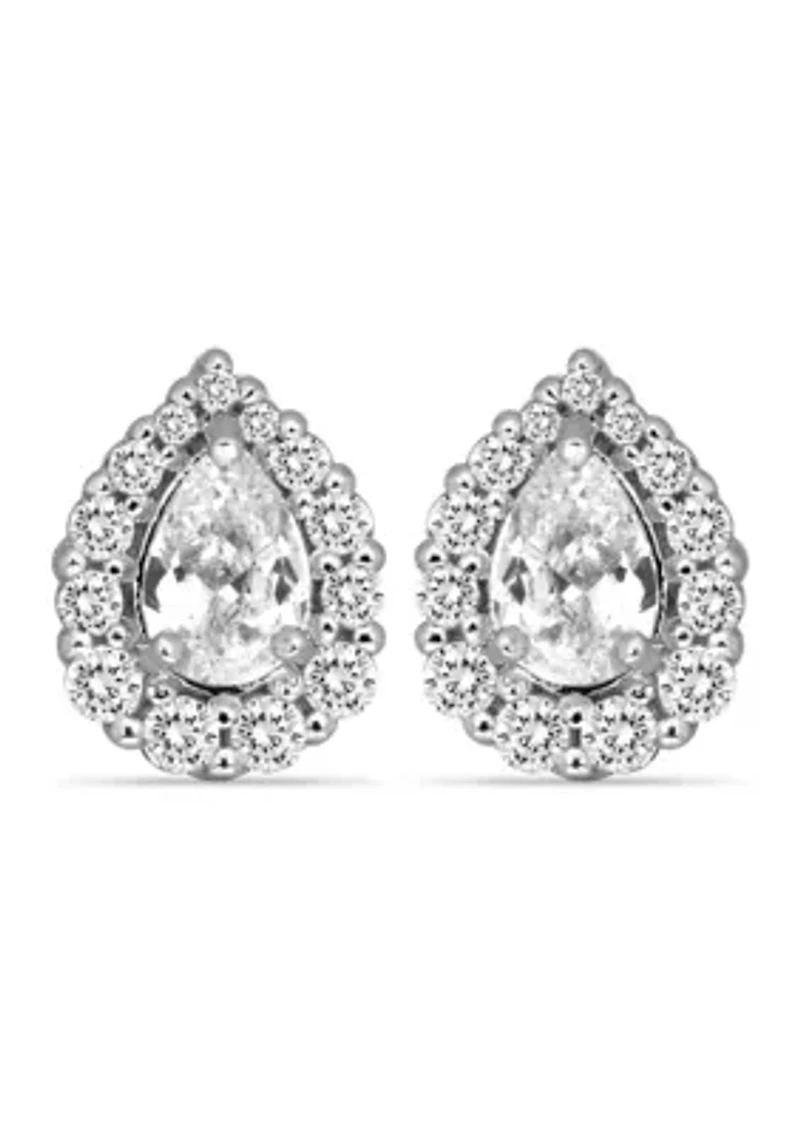 Sterling Silver Halo Frame Cubic Zirconia Stud Post Earrings