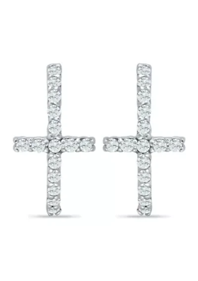 Sterling Silver Pavé Cubic Zirconia Cross Huggie Hoop Earrings