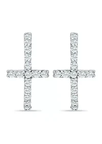 Sterling Silver Pavé Cubic Zirconia Cross Huggie Hoop Earrings