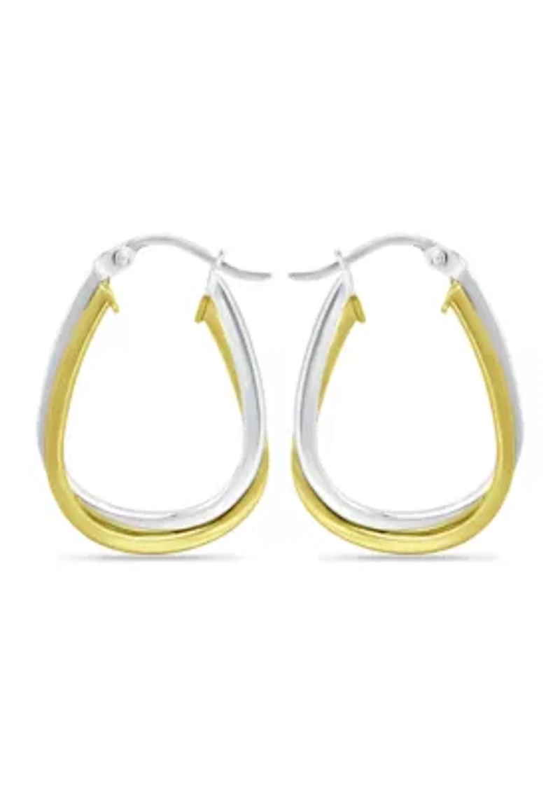 18K Gold over Silver and Sterling Silver 2 Tone Oval 2 Row Click Top Hoop Earrings