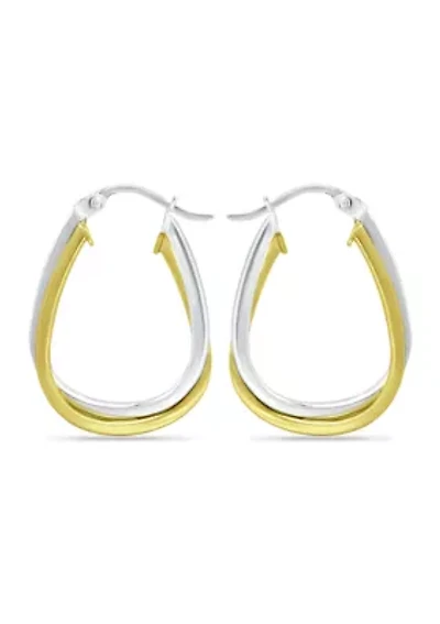 18K Gold over Silver and Sterling Silver 2 Tone Oval 2 Row Click Top Hoop Earrings
