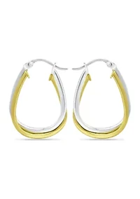 18K Gold over Silver and Sterling Silver 2 Tone Oval 2 Row Click Top Hoop Earrings