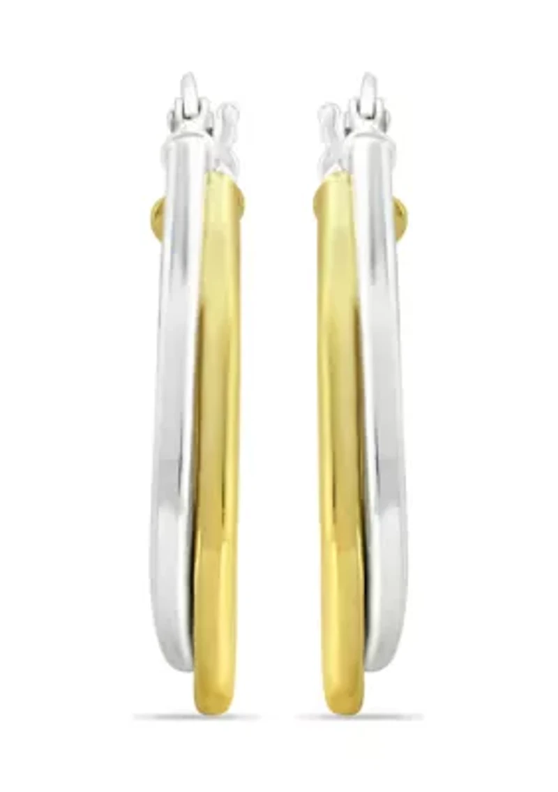 18K Gold over Silver and Sterling Silver 2 Tone Oval 2 Row Click Top Hoop Earrings