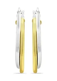 18K Gold over Silver and Sterling Silver 2 Tone Oval 2 Row Click Top Hoop Earrings