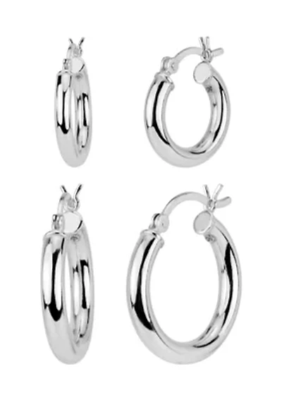 Polished Graduated 2 Pair Hoop Earring Set in Sterling Silver