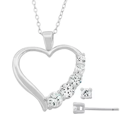 Lab Created Sterling Silver White Cubic Zirconia Open Heart Pendant and Stud Earring Set