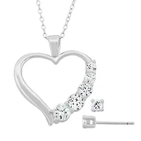 Lab Created Sterling Silver White Cubic Zirconia Open Heart Pendant and Stud Earring Set
