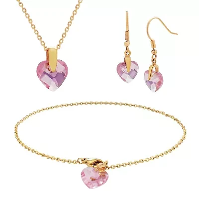 Crystal Glass Pink Checkerboard Heart Pendant, Bracelet and Drop Earring 3-Piece Jewelry Set in 18K Gold Plated Surgical Steel