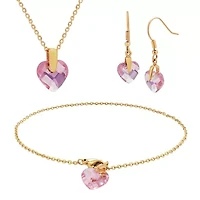 Crystal Glass Pink Checkerboard Heart Pendant, Bracelet and Drop Earring 3-Piece Jewelry Set in 18K Gold Plated Surgical Steel