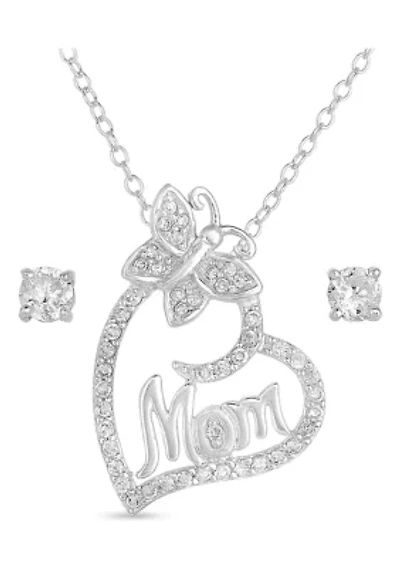 Lab Created CZ Mom Heart Pendant and Earring Set in Sterling Silver
