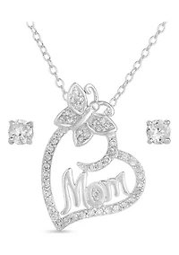 Lab Created CZ Mom Heart Pendant and Earring Set in Sterling Silver