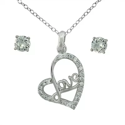 Lab Created Sterling Silver White Cubic Zirconia Love Heart Pendant and 4mm Round White Cubic Zirconia Stud Earring Set