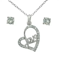 Lab Created Sterling Silver White Cubic Zirconia Love Heart Pendant and 4mm Round White Cubic Zirconia Stud Earring Set