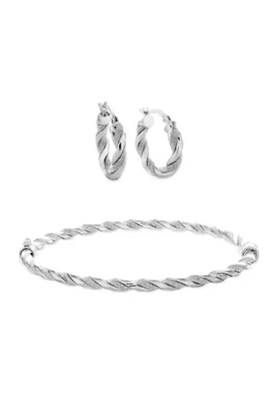 Sterling Silver Glitter Twist Bangle and Hoop Earring Set 